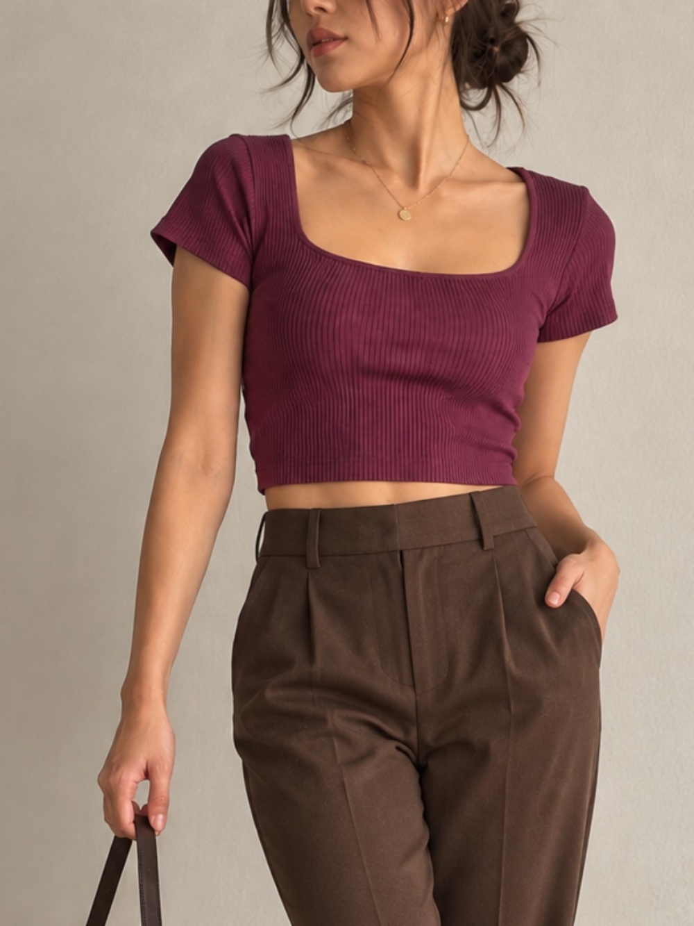 Babaton Aritzia Burgundy Ribbed Square Neck Crop Top L Sleeve L